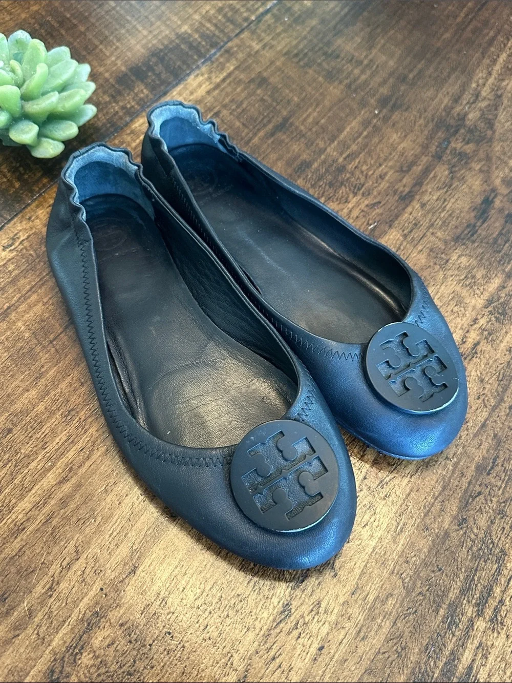 Tory Burch | Minnie Travel Ballet Flats Black Leather Tonal Logo, Size 7.5